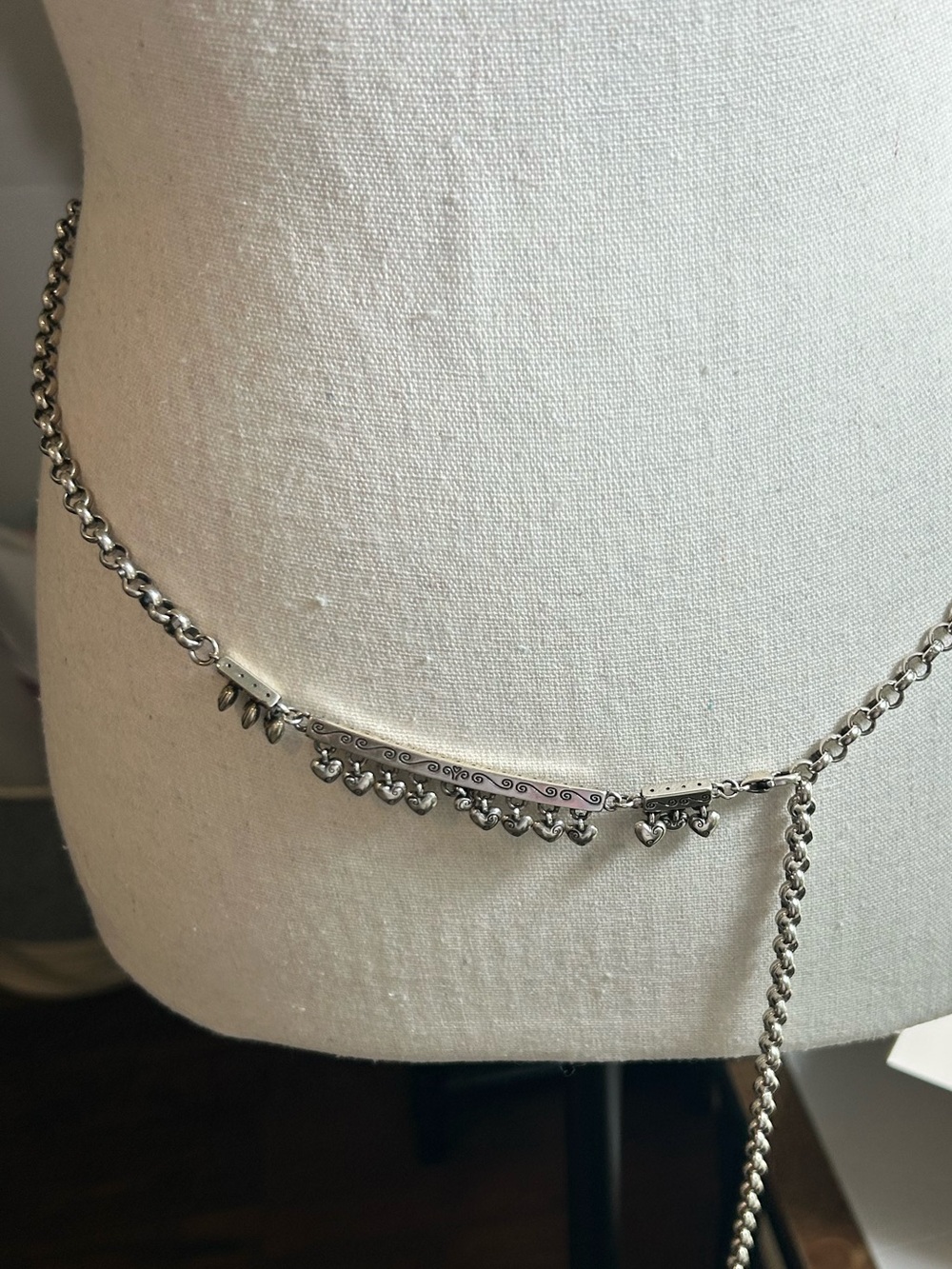 Brighton Dangling Hearts Chain Belt 40"L Round Link Silver Plated Vintage - Picture 4 of 12